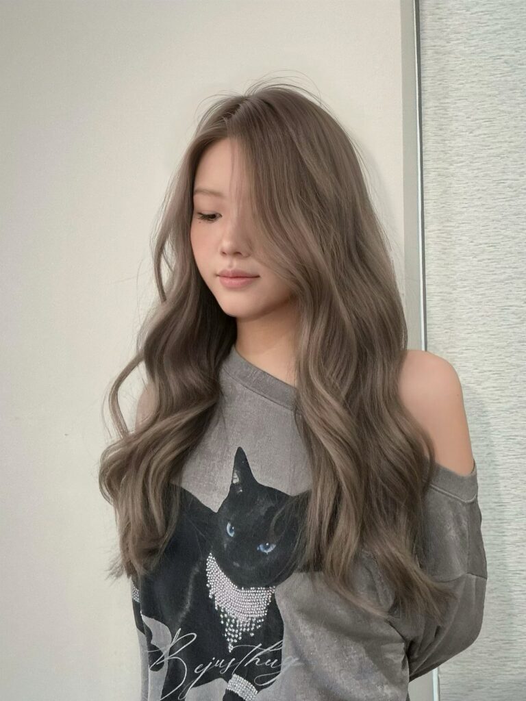 Woman displaying long, wavy ash brown hair beside a light indoor wall