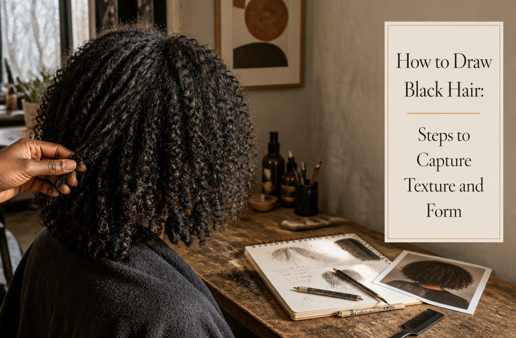 Black hair framing a portrait in a reference photograph