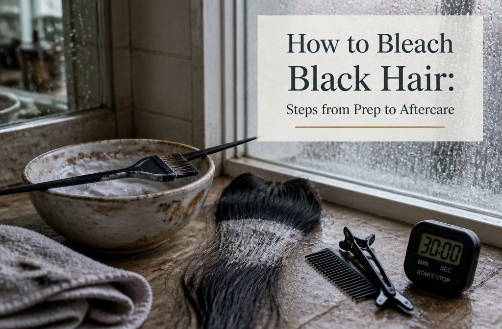 Black hair with pale bleach mix applied to a narrow strand