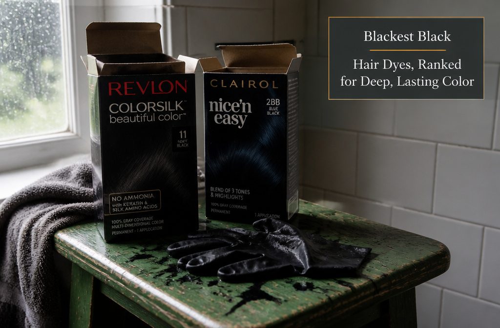 Black hair dye products beside glossy swatches in several dark shades