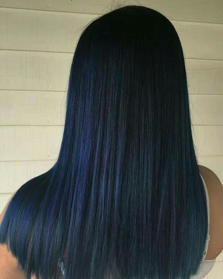 Long straight black hair with subtle blue highlights viewed from behind
