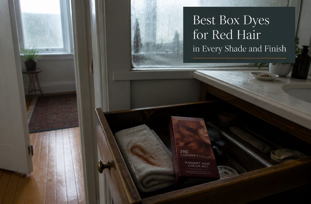 Red hair dye products arranged together for an article about color options