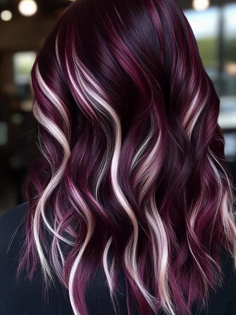 Wavy cherry burgundy hair with purple and pale pink highlights