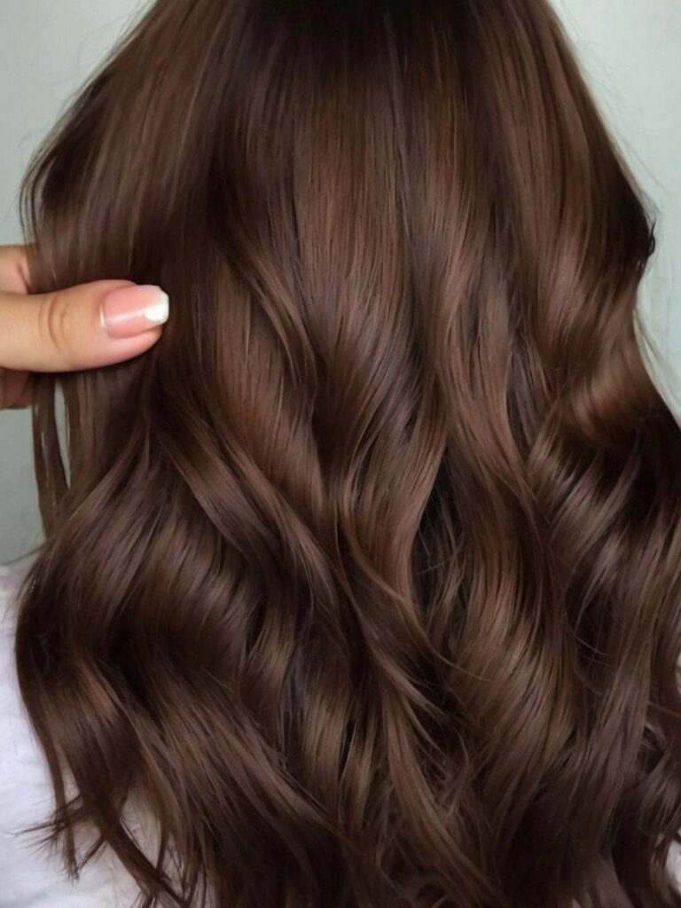 Long wavy chocolate brown hair with warm highlights held by a manicured hand