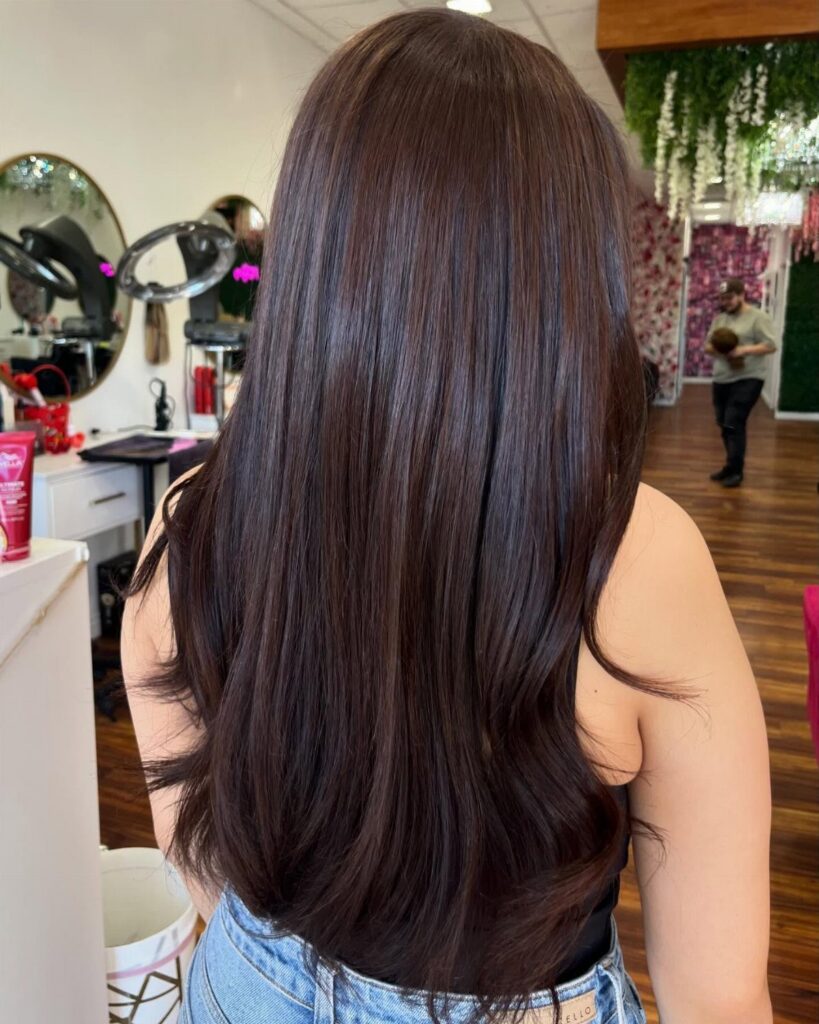Long, smooth dark brown hair falls in layers down a person's back