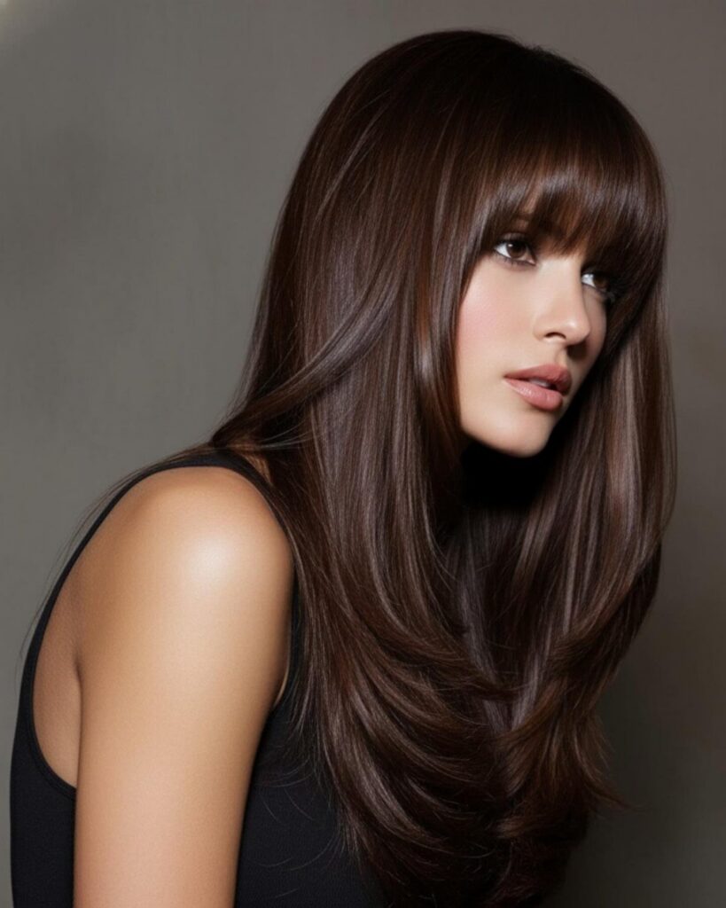 Woman with long, glossy dark brown hair and full bangs