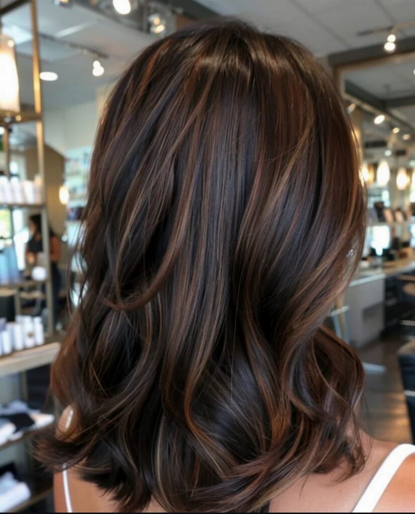 Wavy dark brown hair with subtle caramel highlights styled in a salon