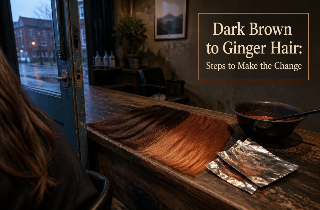 Dark brown hair with ginger tones showing the article's color change