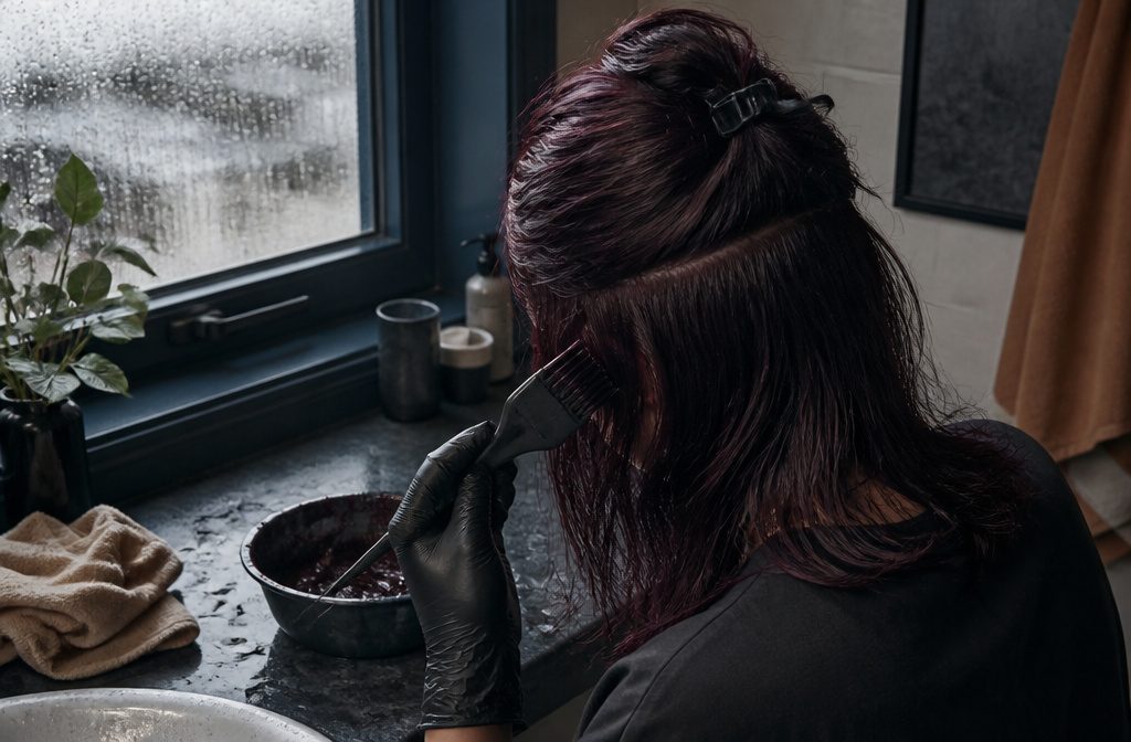 Dark cherry hair with a deep burgundy color and subtle red-violet tones