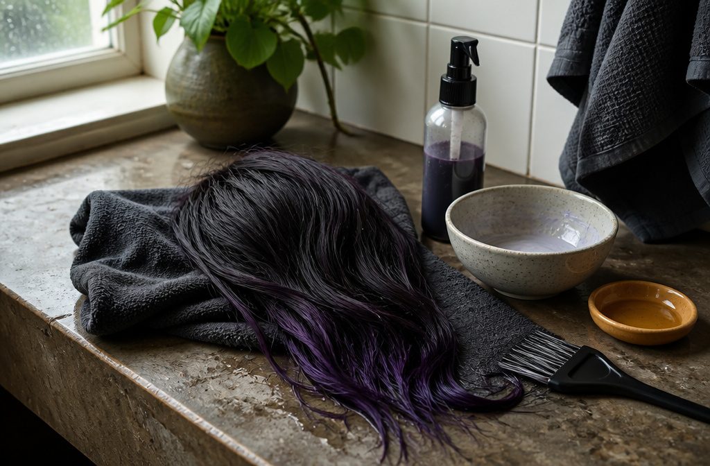 Black hair with subtle violet tones catching light