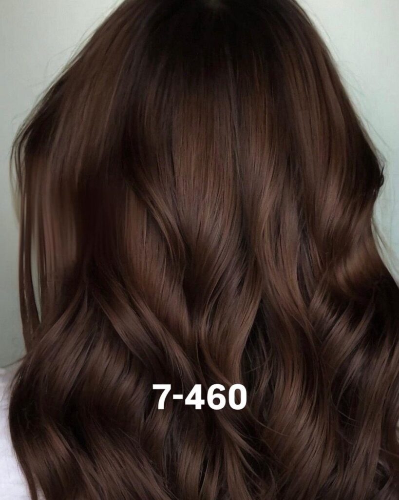 Long, glossy dark brown hair falls in loose waves against a pale background