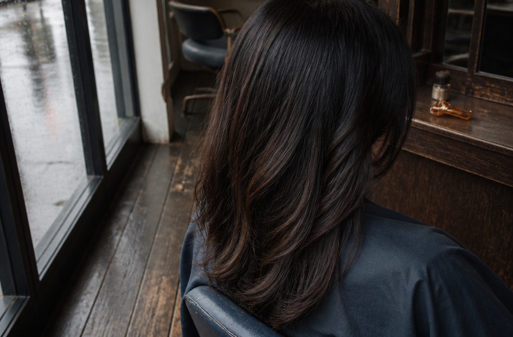 Glossy espresso-brown hair showing cool brown depth in natural light