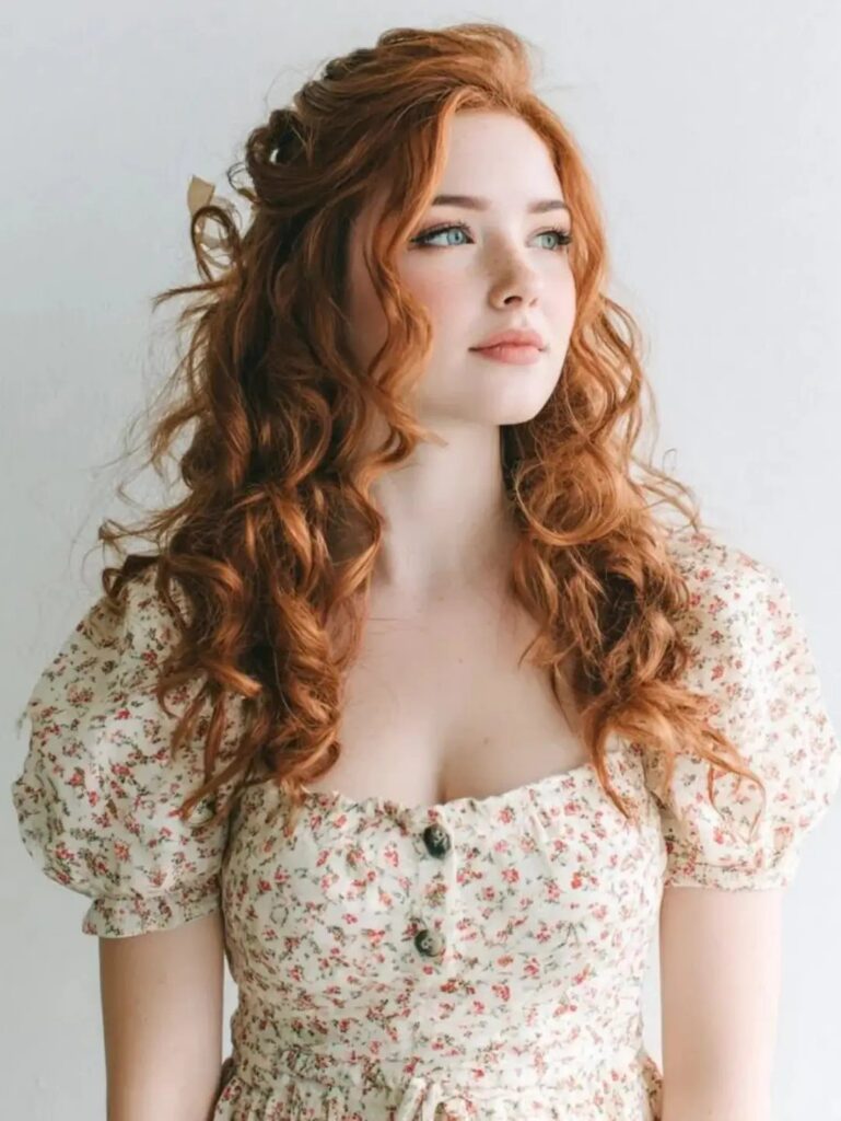 Woman with long ginger curls wearing a cream floral puff-sleeve dress