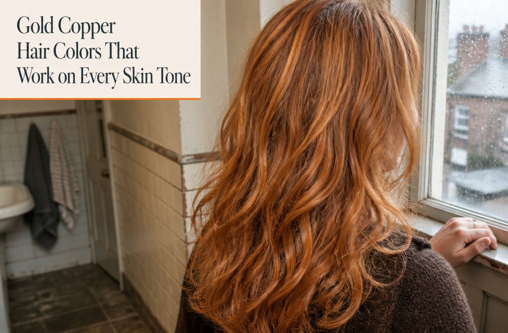 Long copper hair with golden highlights falling in soft waves