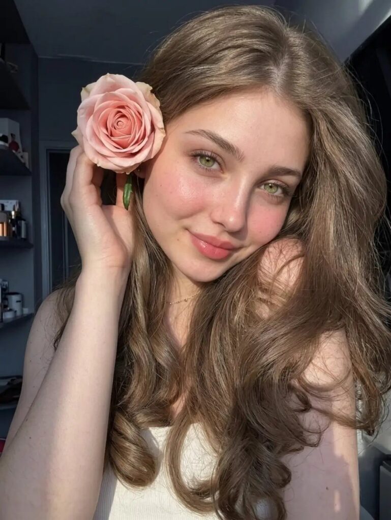 Woman with long wavy golden brown hair holding a pale pink rose