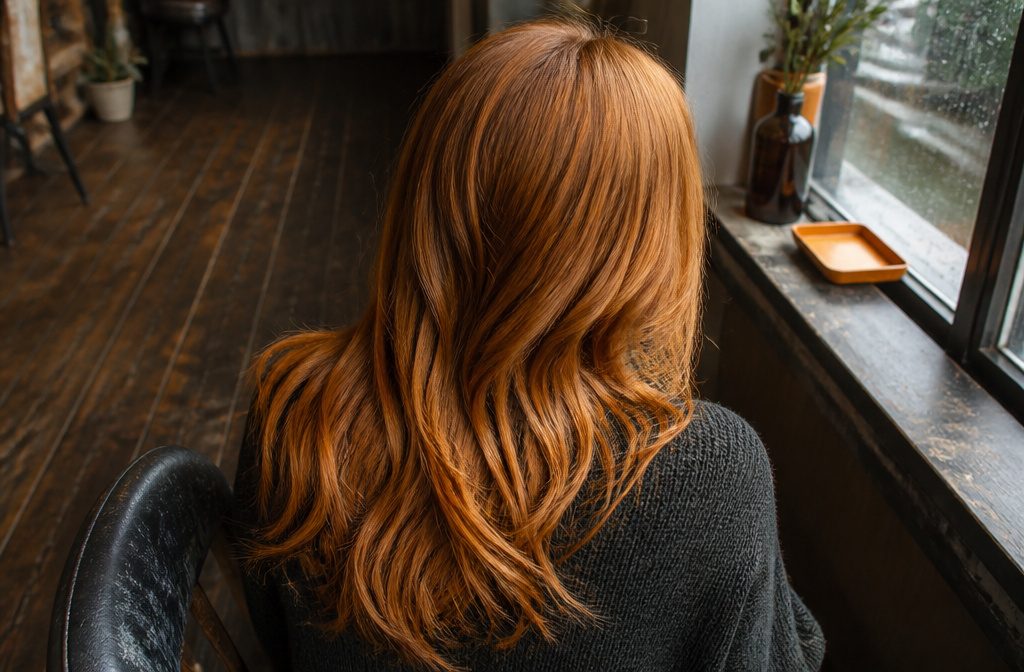 Golden copper hair with warm gold tones and a reflective shine
