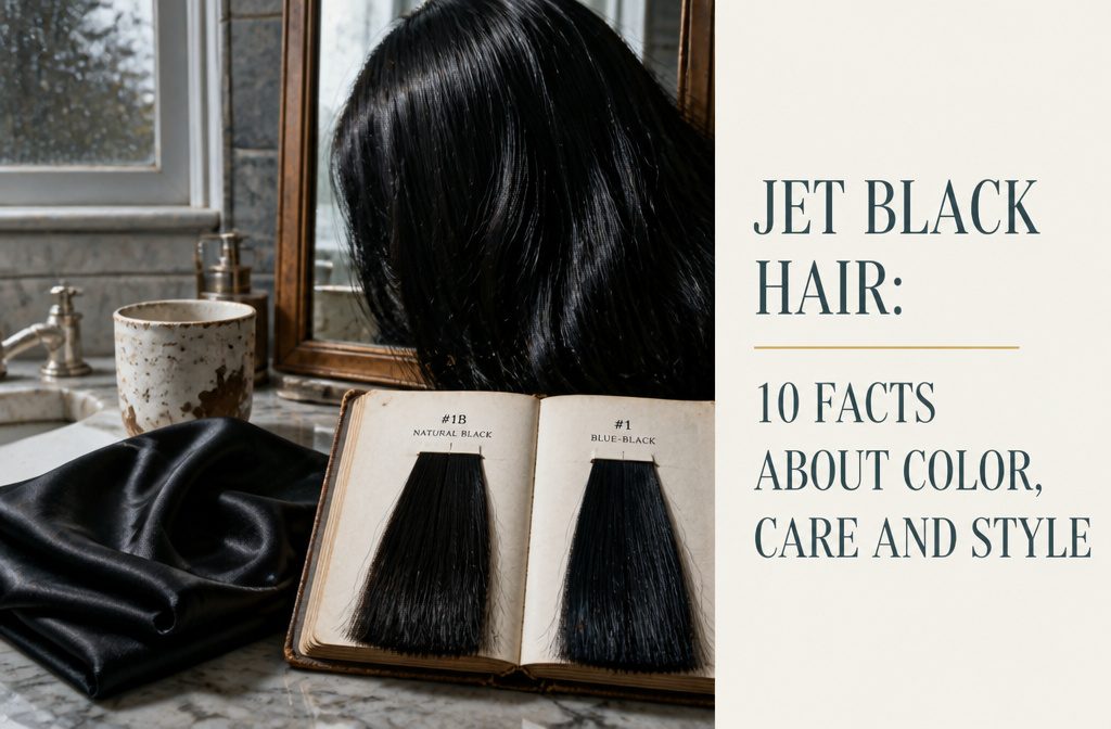 Jet black hair with a glossy surface and cool blue-black tones