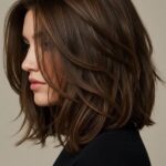 Woman showing shoulder-length dark brown layered hair in a side profile