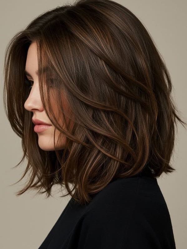 Woman showing shoulder-length dark brown layered hair in a side profile