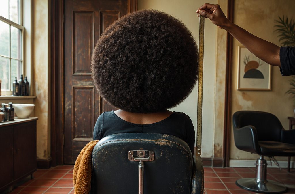 Woman with a wide natural afro filling the frame