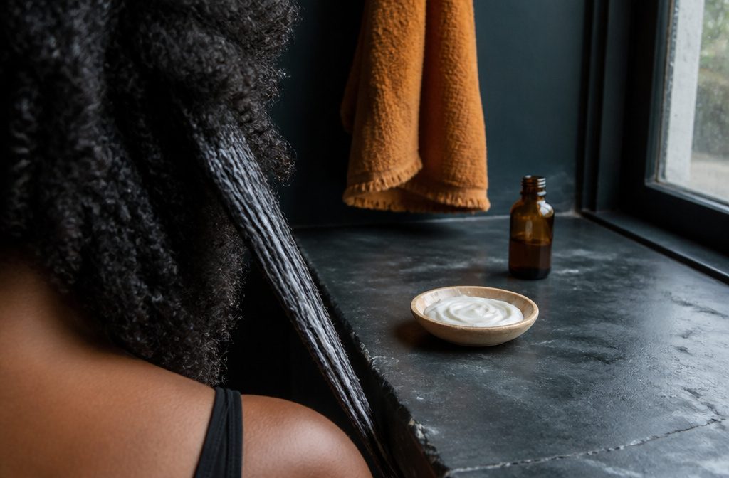 Dark coily Black hair beside a spray bottle and small dish of oil