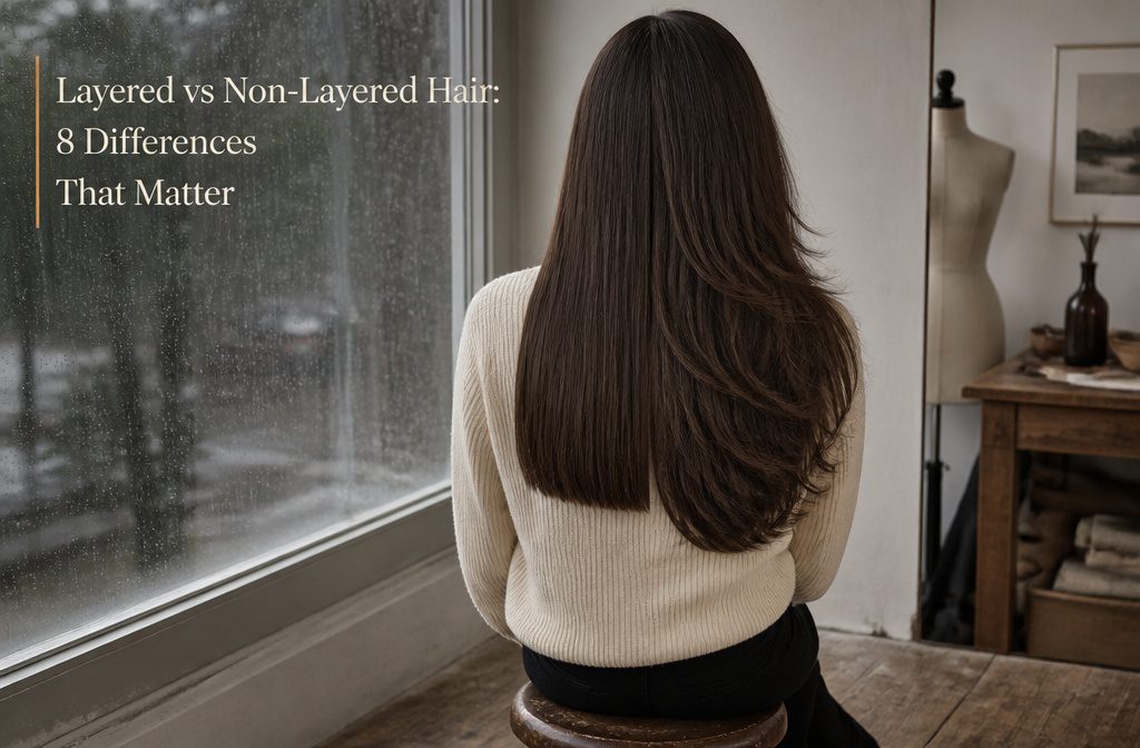 Non-layered hair falling evenly to a blunt perimeter