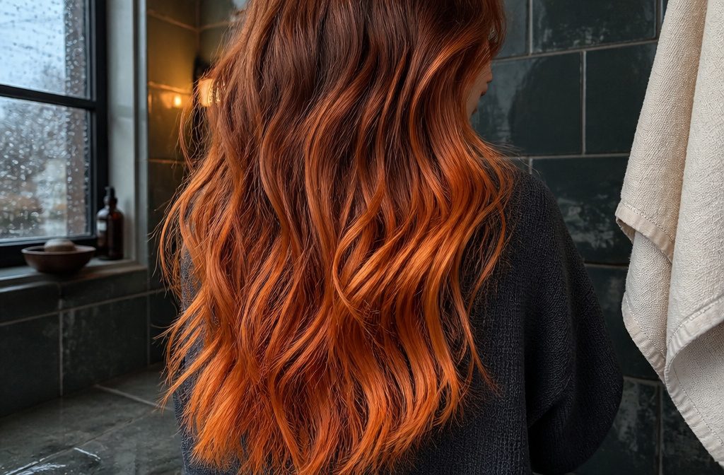 Long wavy hair with copper brown roots, penny copper midlengths and fiery copper ends