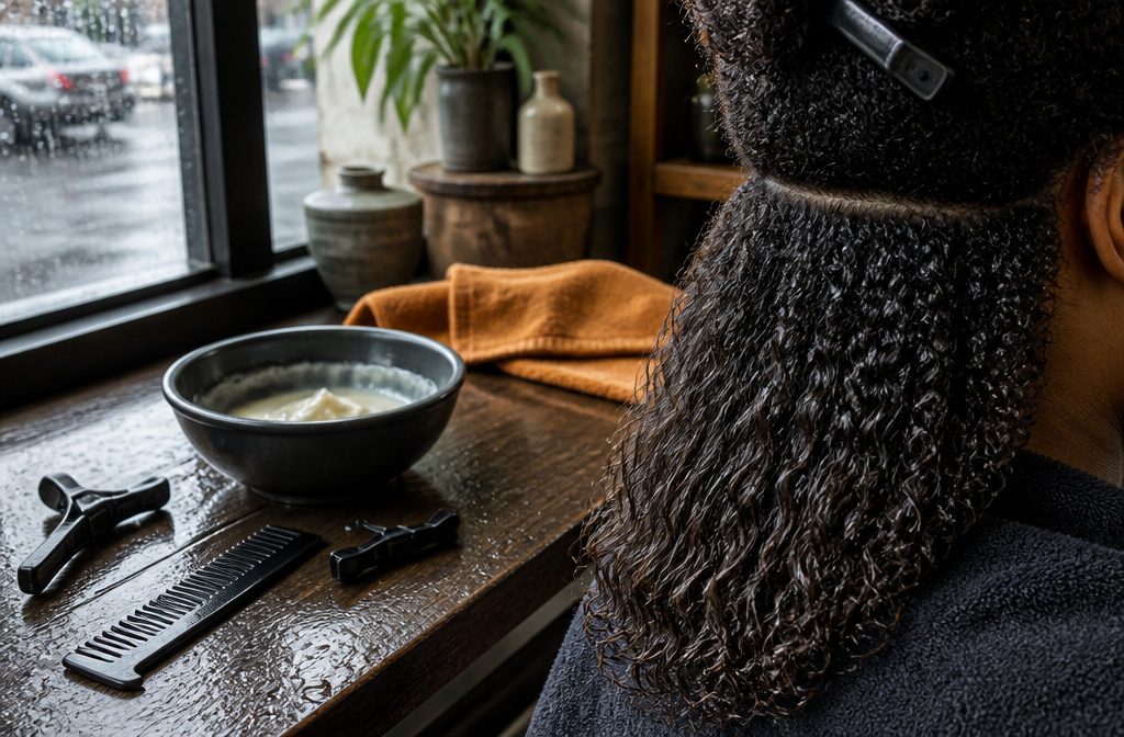Stylist applying a chemical hair treatment to a seated client