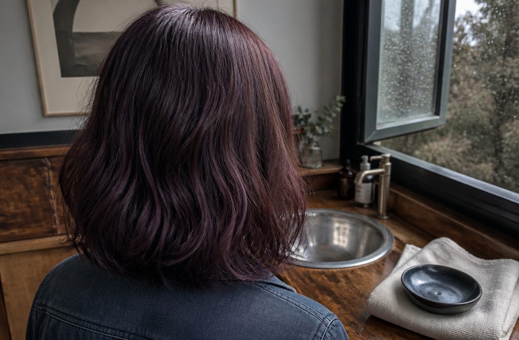 Purple brown hair blending brunette and violet tones throughout