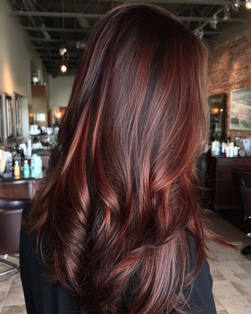Glossy mahogany hair falls in long, layered waves with reddish brown shine