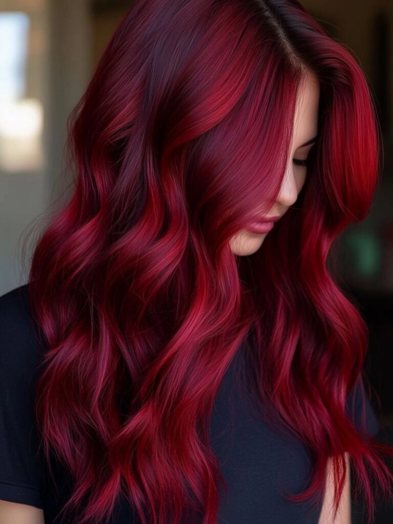 Woman with long, wavy deep crimson hair and a dark top