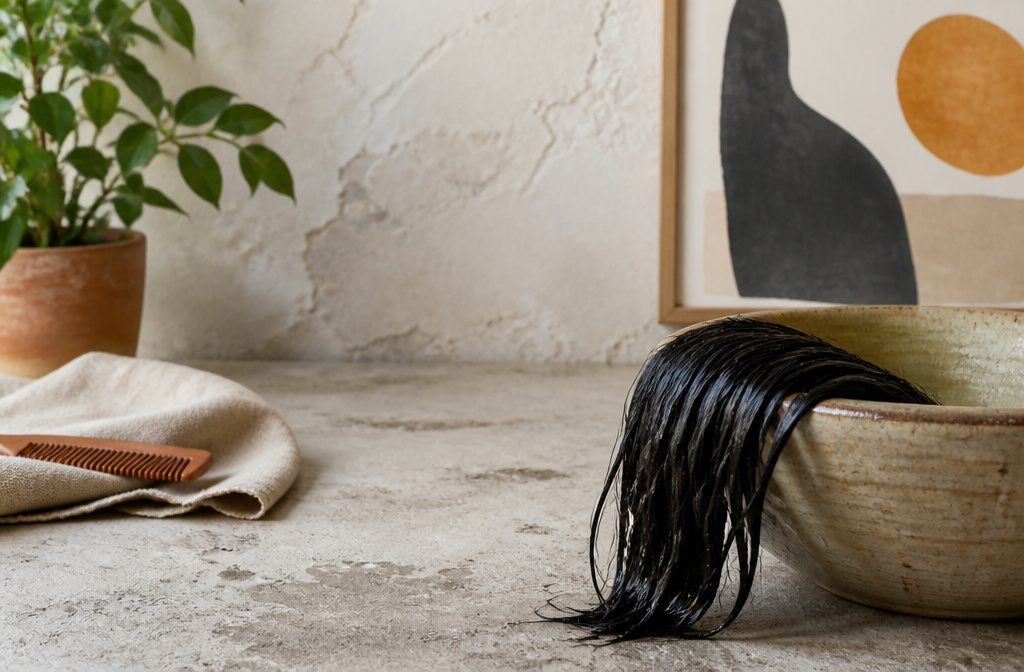 Black hair dye removal tools arranged for a careful color correction